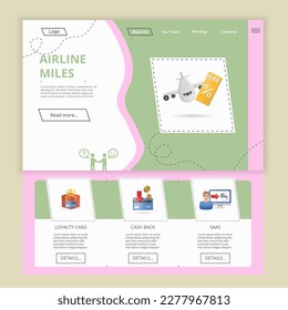Airline miles flat landing page website template. Loyalty card, cash back, SAAS. Web banner with header, content and footer. Vector illustration.