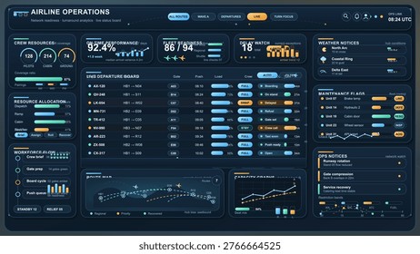 Airline operations dashboard interface with departure board, fleet readiness, crew resources and turnaround analytics