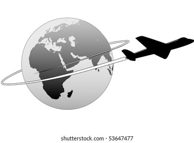 An airline passenger jet airplane travels around the world.