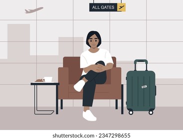 An airline passenger of the premium class biding time in a lounge area before their flight