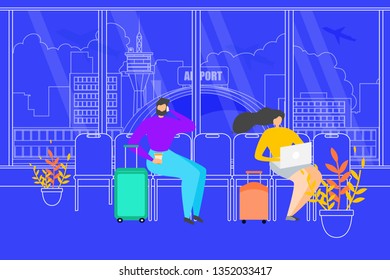 Airline Passengers, Business People in Trip, Traveling with Baggage Tourists, Sitting in Airport Terminal Waiting Area or Lounge, Talking on Cellphone, Working on Laptop Flat Vector Illustration