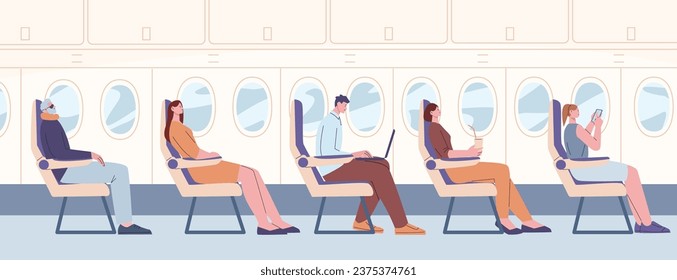 Pasajeros de aerolíneas que vuelan a bordo. Viajero en vuelo, gente en clase business trabaja, usando smartphone y dormir. Transporte personal, escena del vector kicky