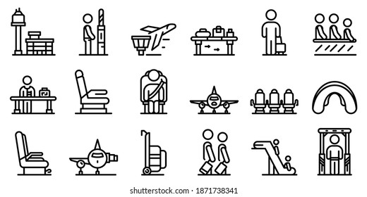 Airline passengers icons set. Outline set of airline passengers vector icons for web design isolated on white background
