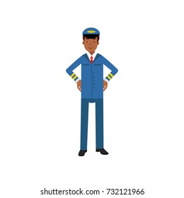 Airline pilot in blue uniform standing with hands on his waist vector Illustration