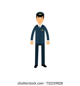 Airline pilot in blue uniform standing with bag, aircraft captain vector Illustration