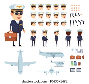 Airline pilot character creation kit. Create your own pose, action, animation. Diverse poses, emotions, gestures, design elements. Flat style vector illustration
