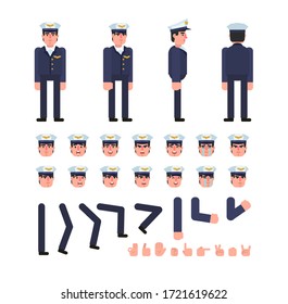 Airline pilot character creation kit. Create your own pose, action, animation. Minimal design vector illustration