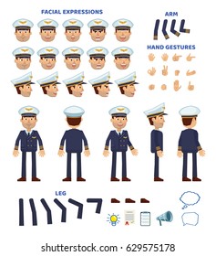 Airline pilot character creation set. Various gestures, emotions, diverse poses, views. Create your own pose, animation. Simple style vector illustration