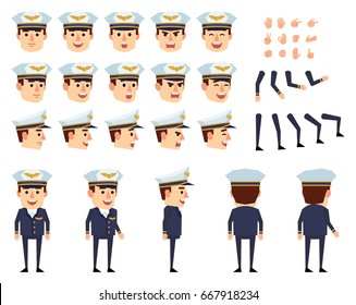 Airline pilot in dark suit creation set. Various gestures, emotions, diverse poses, views. Create your own pose, animation. Flat style vector illustration