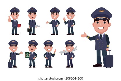 Airline pilot with different poses. vector