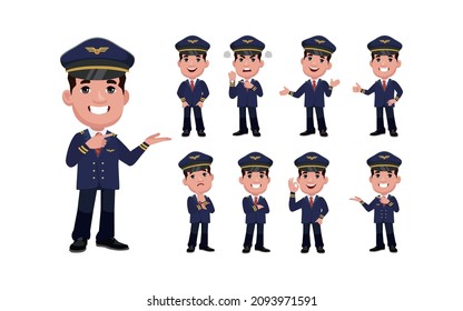 Airline pilot with different poses. vector