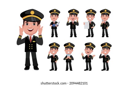Piloto de aerolíneas con diferentes poses. vector