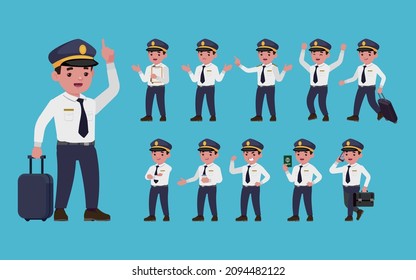 Airline pilot with different poses. vector