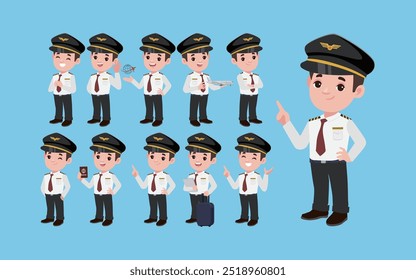 Airline pilot with different poses. vector