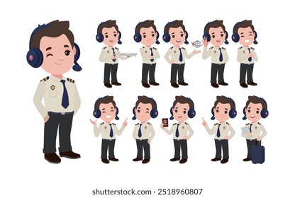 Piloto de aerolínea con diferentes poses. Vector