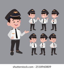 Airline pilot with different poses. vector