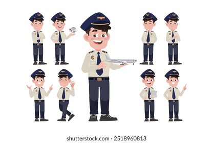 Airline pilot with different poses. vector