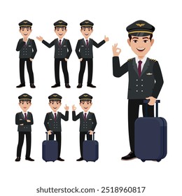 Airline pilot with different poses. vector
