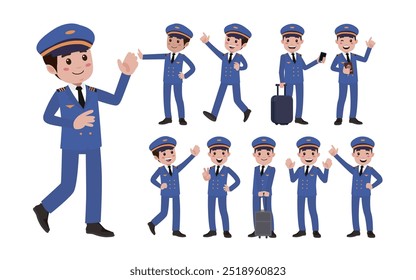 Airline pilot with different poses. vector