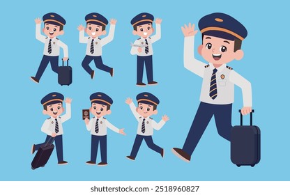 Piloto de aerolínea con diferentes poses. Vector