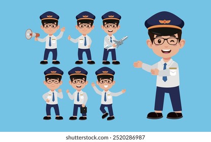 Airline pilot with different poses. vector