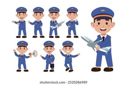 Airline pilot with different poses. vector