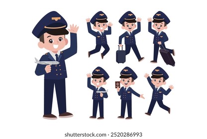 Airline pilot with different poses. vector
