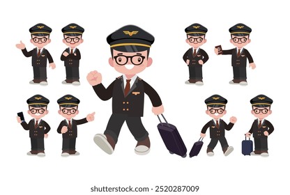 Airline pilot with different poses. vector