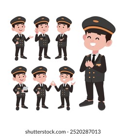 Airline pilot with different poses. vector