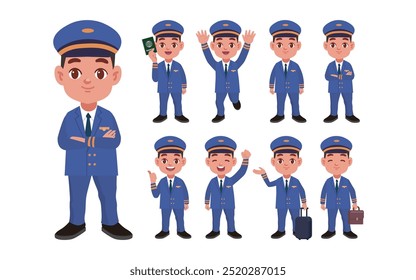 Airline pilot with different poses. vector