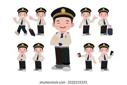 Airline pilot with different poses. vector