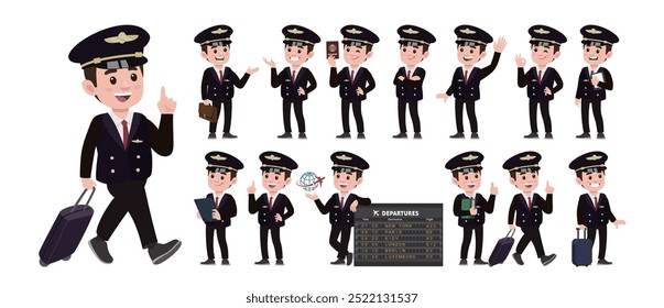 Piloto de linha aérea com diferentes poses. vetor