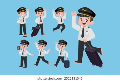 Piloto de aerolínea con diferentes poses. Vector