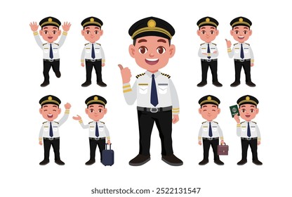 Piloto de linha aérea com diferentes poses. vetor