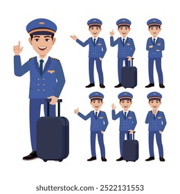 Airline pilot with different poses. vector