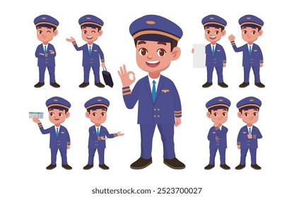 Airline pilot with different poses. vector