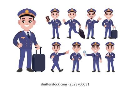 Piloto de linha aérea com diferentes poses. vetor