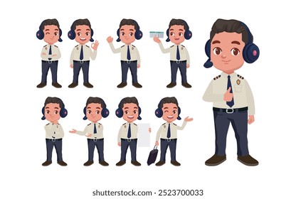 Airline pilot with different poses. vector