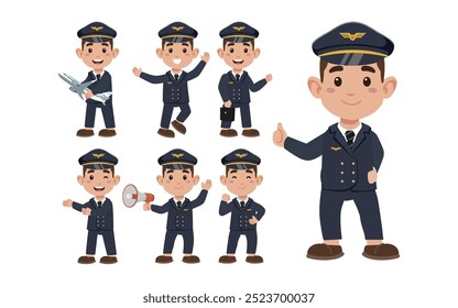 Piloto de linha aérea com diferentes poses. vetor