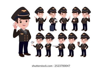 Airline pilot with different poses. vector