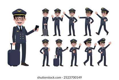 Piloto de linha aérea com diferentes poses. vetor