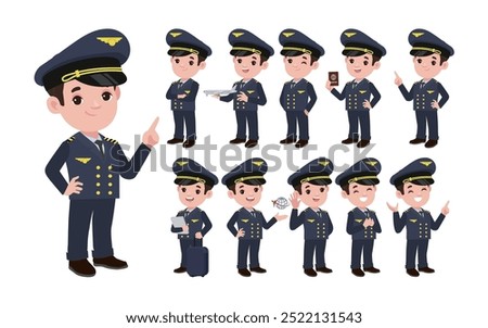 Airline pilot with different poses. vector