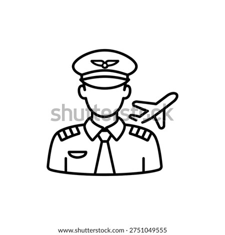 Airline pilot profession line icon black and white pilot avatar with airplane outline pilot profession illustration