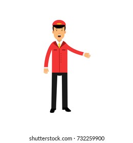 Airline pilot in red uniform doing a welcome gesture, aircraft captain vector Illustration