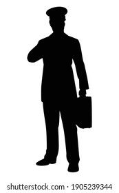 Airline pilot with suitcase silhouette vector on white background