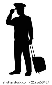 Airline Pilot With Suitcase Silhouette Vector On White Background