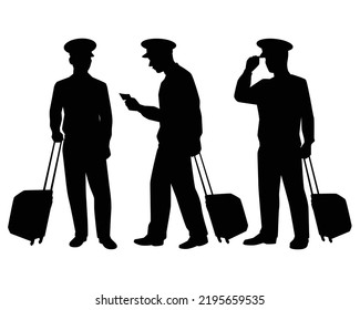 Airline Pilot With Suitcase Silhouette Vector On White Background