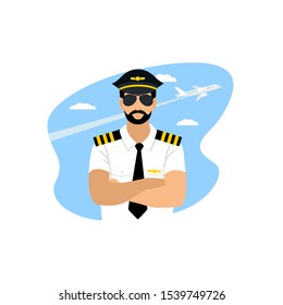 Airline pilot in sunglasses and uniform against the blue sky and an airplane. vector illustration