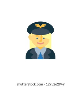 Airline pilot in uniform flat icon, vector sign, colorful pictogram isolated on white. Woman pilot avatar symbol, logo illustration. Flat style design