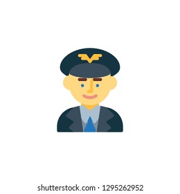 Airline pilot in uniform flat icon, vector sign, colorful pictogram isolated on white. Man pilot avatar symbol, logo illustration. Flat style design